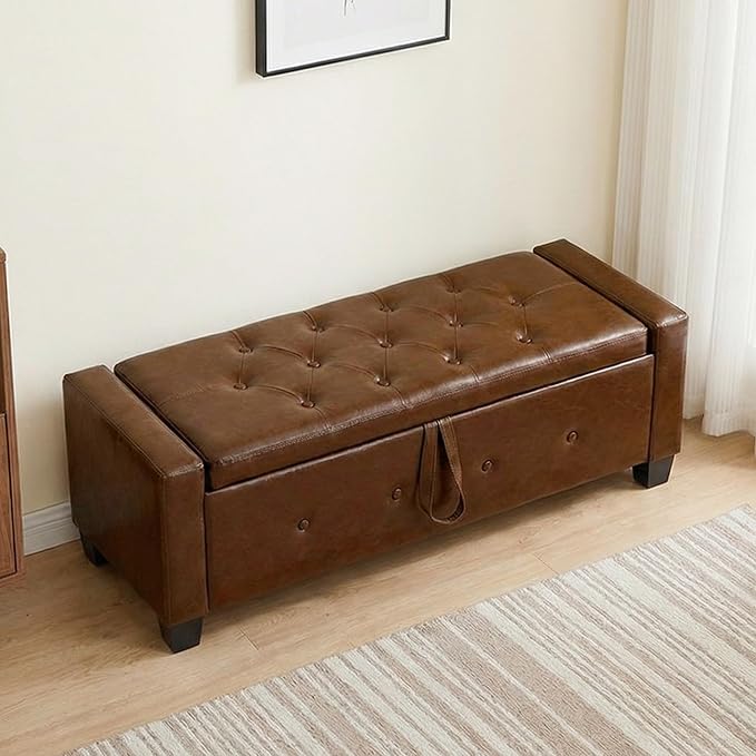 48" PU Leather Storage Ottoman Benches for Bedroom,Tufted Ottomans with Storage for Living Room,Mid Century Modern Bench with Seating for Entryway,Window,Bedside (PU Brown, 48 inch)