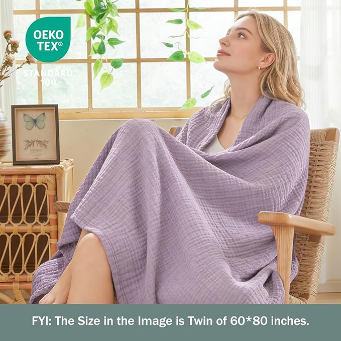 EMME Cotton Muslin Twin XL Blanket Breathable Gauze Soft Lightweight Adults Gifts for Women (Heather Lavender, 66"x90")
