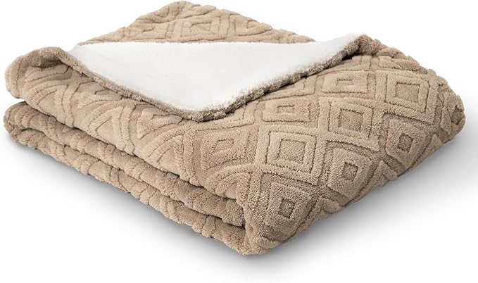 EverGrace Jacquard Boho Sherpa Fleece Throw Blanket for Couch, Super Soft Cozy Fuzzy Plush Blankets for Winter, Reversible Thick Warm Blanket for Bed, Sofa, Living Room, Khaki Tan, 60" x 80"