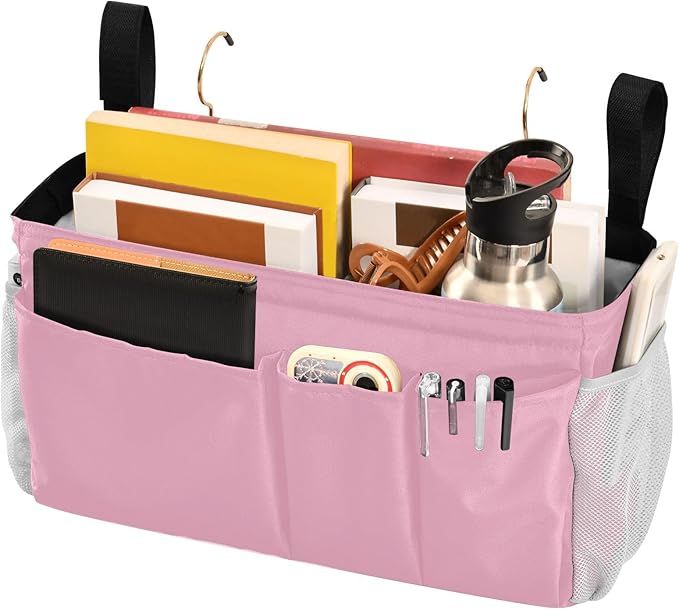 DOMIKING Pink Bedside Caddy for Dorm Bed Recliner Armrest Organizer with Hooks Haning Holders for Magazine Tablet Phone