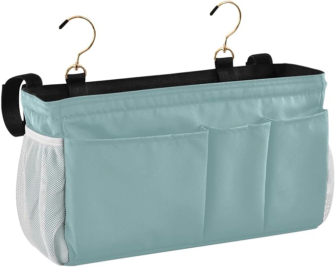 DOMIKING Teal Bedside Caddy for Dorm Bed Recliner Armrest Organizer with Hooks Haning Holders for Tablet Phone Magazine