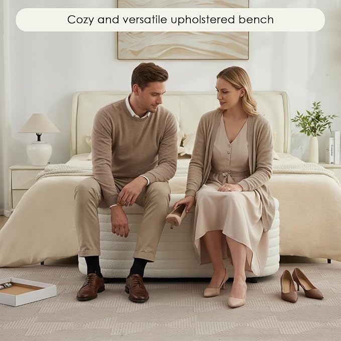 Storage Teddy Ottoman Bench Upholstered Fabric Storage Bench End of Bed Stool with Safety Hinge for Bedroom, Living Room, Entryway, Closet(45.5", White)