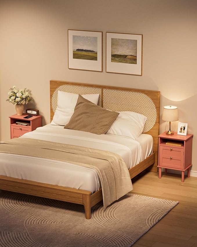 Nightstand, Boho Night Stand with 1 Drawers, Modern Side Accent Table with Open Shelf, Wooden Top Bedside End Table for Bedroom, Living Room, Pink