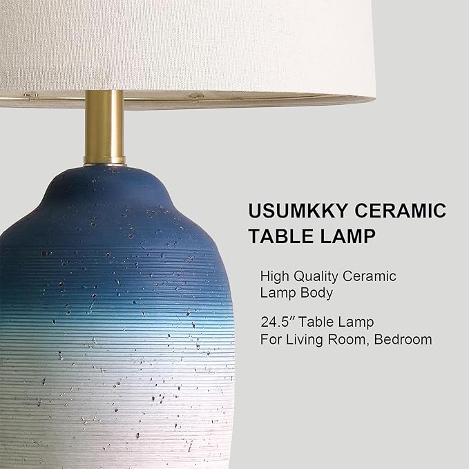 24.5" Vintage Ceramic Table Lamp with 5FT Cord - Single Farmhouse Rustic Bedside Lamp with Natural Textured Finish, Nightstand Lamps for Living Room, Bedroom, End Table, Office White and Blue