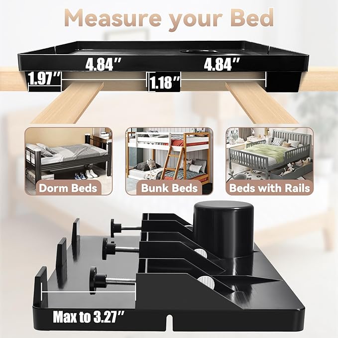 Bedside Shelf Dorm Bunk Bed, Bedside Caddy Shelf Dorm Bed, No Drill College Nightstand Organizer for Personal Items Books Glasses Apartment Bedroom Compact Space Solution Large+Black