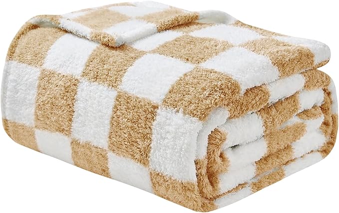 EMME Checkered Blanket Throw - 50"x60" Beige Knit Blanket Soft Fluffy Patterned Throw Blankets for Couch, Sofa, Chair, Bed, Camping, Picnic, Travel