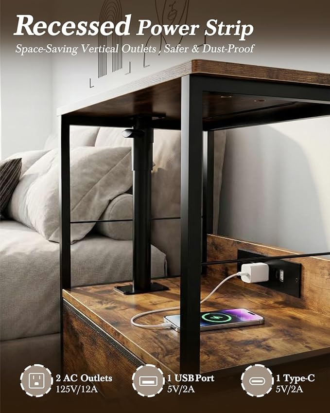 360° Swivel Nightstand with Height Adjustable, Lift Top Bedside Table with Charging Station, Rolling Night Stand with 2 Fabric Drawers, End Table with Wheels, for Bedroom, Living Room, Rustic Brown