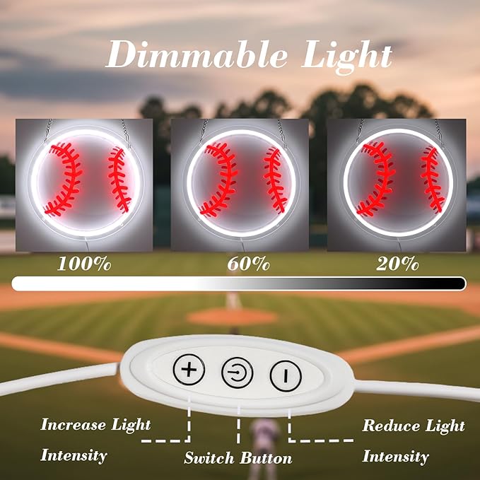Baseball Neon Sign for Wall Decor, Dimmable LED Light with Printed Design for Bedroom Sports Room Decor, Baseball Gifts for Boys 8-12, 9 x 9 Inches