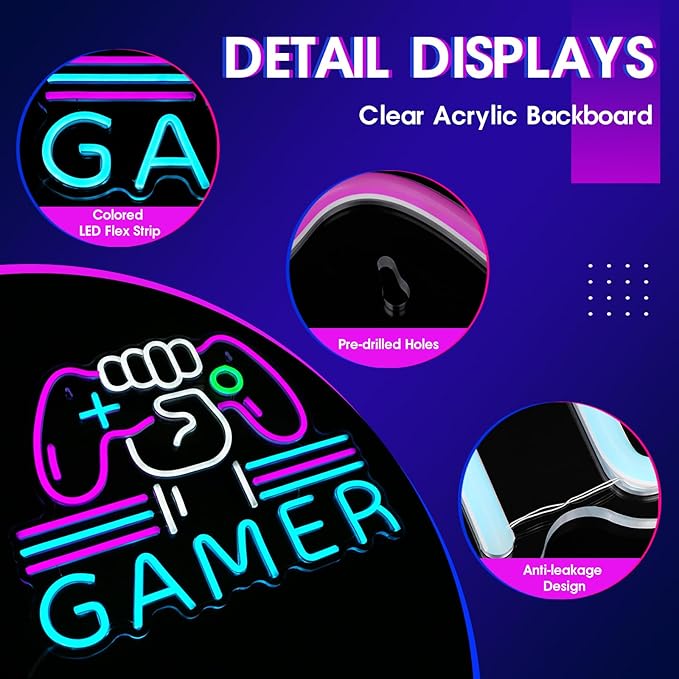Gamer Neon Sign, Bright and Dimmable Large Colorful Neon Light for Gaming Video Room Bedroom Wall Decor, USB Powered LED Game Room Night Lights Gift for Boys Teen Kids Gamers(15.4X12.6") (Gamer)