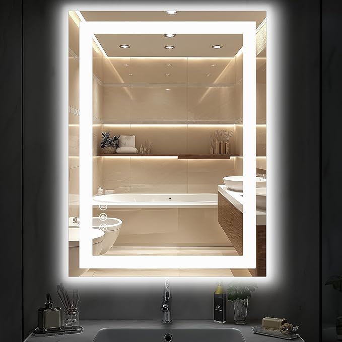DUMOS 37"x 28" LED Bathroom Mirror with Lights, Dimmable Anti-Fog Front Lit Backlit Lighted Wall Mounted Rectangle for Vanity Makeup Memory Function Tempered Glass Shatter-Proof Horizontal&Vertically