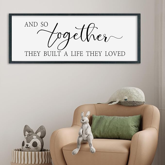 SRSZHIYUE And So Together They Built A Life They Loved Family Quotes Wall Decor 40"×15" Modern Minimalist Wedding Rustic Above Bed Bedroom Sign Large Wood Framed Wall Hanging (Black)