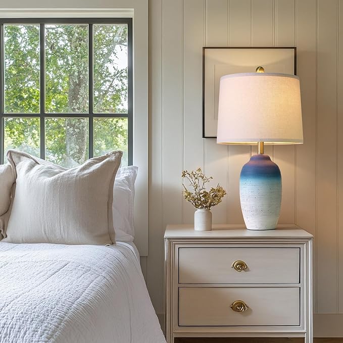 24.5" Vintage Ceramic Table Lamp with 5FT Cord - Single Farmhouse Rustic Bedside Lamp with Natural Textured Finish, Nightstand Lamps for Living Room, Bedroom, End Table, Office White and Blue