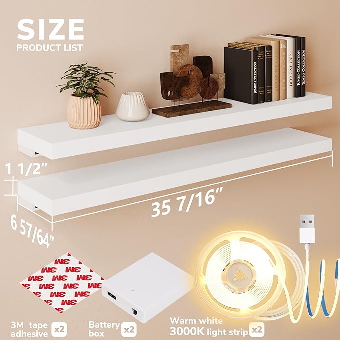 BAMEOS Floating Shelves with Lights, 35" White Wall Mounted Wood Shelves with Invisible Brackets, Set of 2, Display Wall Shelves Decoration for Bedroom, Bathroom, Living Room, Kitchen Storage
