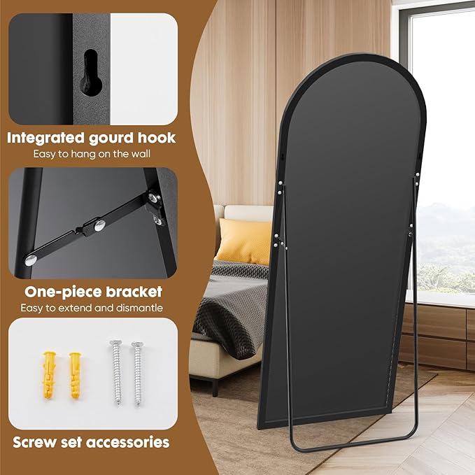 NEWBULIG Arched Full Length Mirror 71.1"x25" for Bedroom, Full Body Mirror with Stand, Hanging or Leaning for Wall, Aluminum Alloy Thin Frame Floor Standing for Living Room, Long, Deep Black