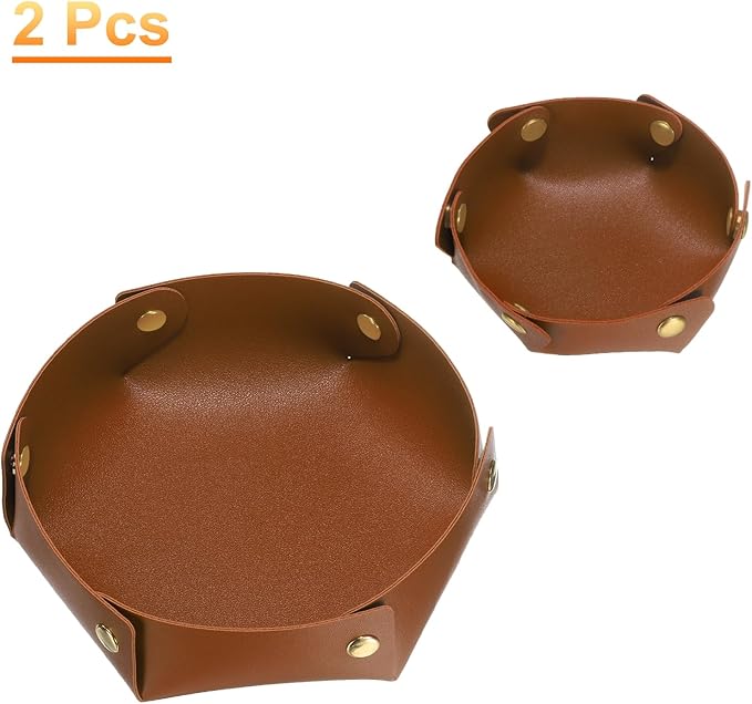 HARFINGTON 2pcs PU Leather Valet Tray Unisex Valet Tray Folding Round Catchall Tray Portable Entryway Table Tray Nightstand Bedside Desk Tray for Key Watch Coin Jewelry Dice, Light Brown