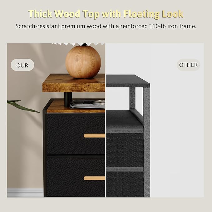 Night Stand with APP Control LED Lights, 3 Fabric Storage Drawers with PU Finish, Floating Top Design, Bedside Table with Open Shelf, End Table for Bedroom, Living Room, Office (Black)