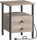 HOOBRO End Table with Charging Station, Bedside Table with 2 Drawer & USB Port & Type-C Port, Nightstand for Small Spaces, Stable and Sturdy, for Living Room, Greige and Black BG43UBZ01