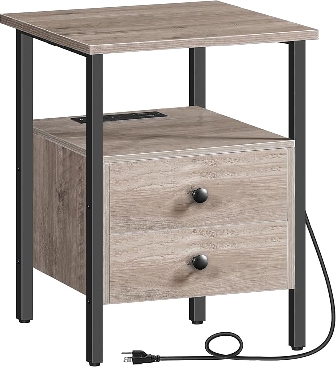 HOOBRO End Table with Charging Station, Bedside Table with 2 Drawer & USB Port & Type-C Port, Nightstand for Small Spaces, Stable and Sturdy, for Living Room, Greige and Black BG43UBZ01