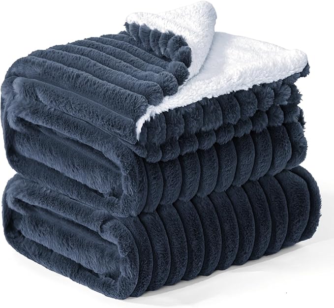 INFIIXSO Sherpa Fleece King Size Blanket - Super Soft & Warm Striped Fleece, Cozy Plush Fluffy Large Bed Blanket All Season Use (Navy Blue, 104x90 Inches)