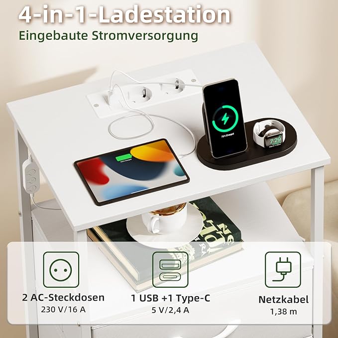 Somdot White Nightstand with Charging Station and LED Light for Bedroom, 2 Drawers Dresser with Fabric Bins for Bedside Kids Dorm Room Closet Laundry Entryway, White Leather