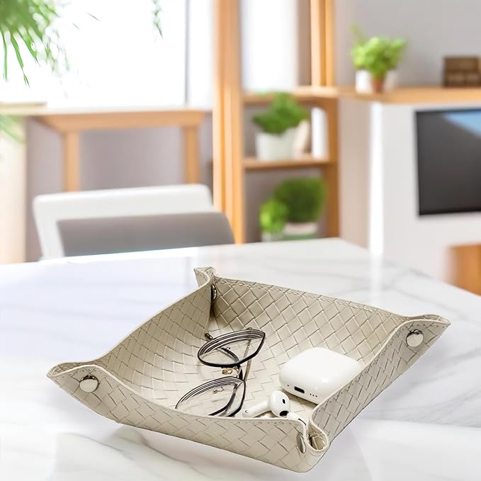 UnionBasic Small Valet Tray, Jewelry Tray for Rings Watches Earrings, Entryway Catchall Caddy for Coins Keys Change, Nightstand Bedside Valet Holder, Trays for Electronic Gadgets, Woven Beige