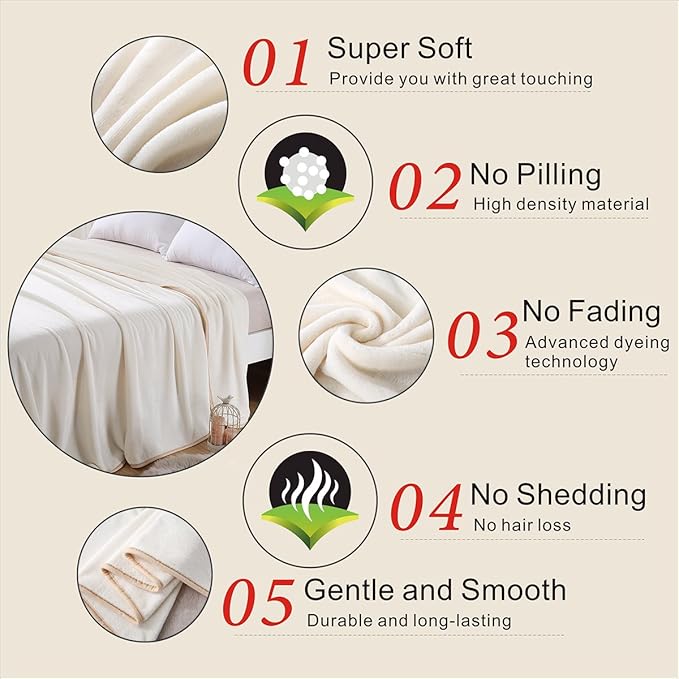 Richave 350GSM Fleece Blankets Queen Size for The Bed Warm Sofa Blanket 90" x 90"(Ivory Queen)