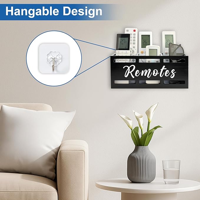 TV Remote Holder Wall Mount Remote Control Holders for Bed Wood Bedside Organizer Table Caddy Controller Holder Wall Mount Remote Controls Box Remotes Storage Black Caddies with 3 Slots