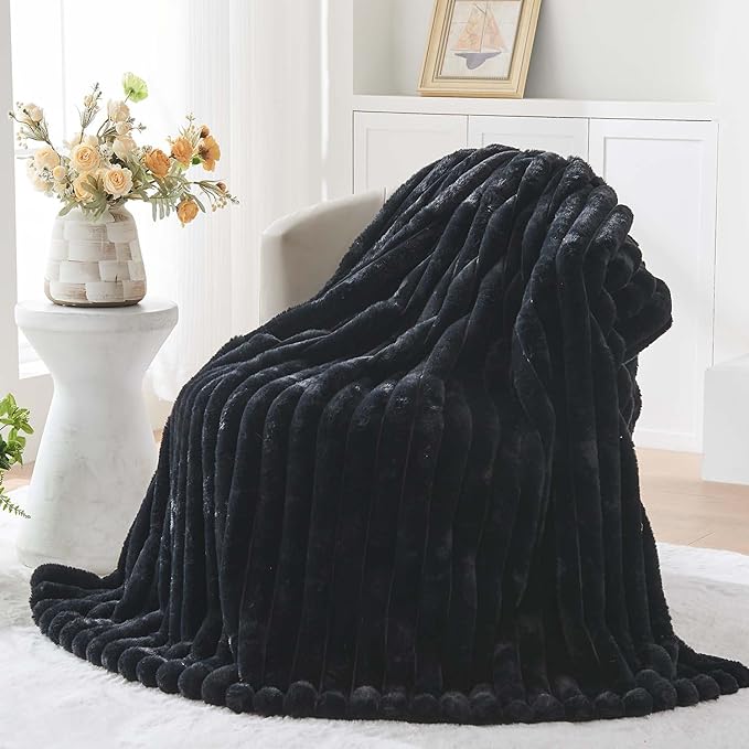 Lotus Karen Faux Fur Twin Blanket for Couch, Cozy Soft Fluffy Fuzzy Black Blanket, Striped Warm Thick Furry Plush Shaggy Small Blankets for Women, 60x80