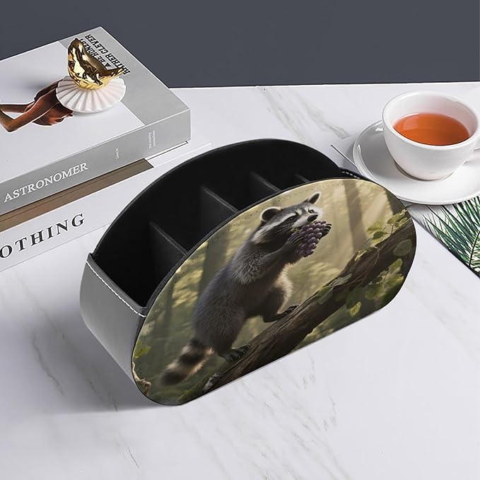 Raccoon Remote Control Holder Organizer Box with 5 Compartment PU Leather Bedside Storage Caddy Remote Organizer for Controller Media Player Pen/Pencil Storage
