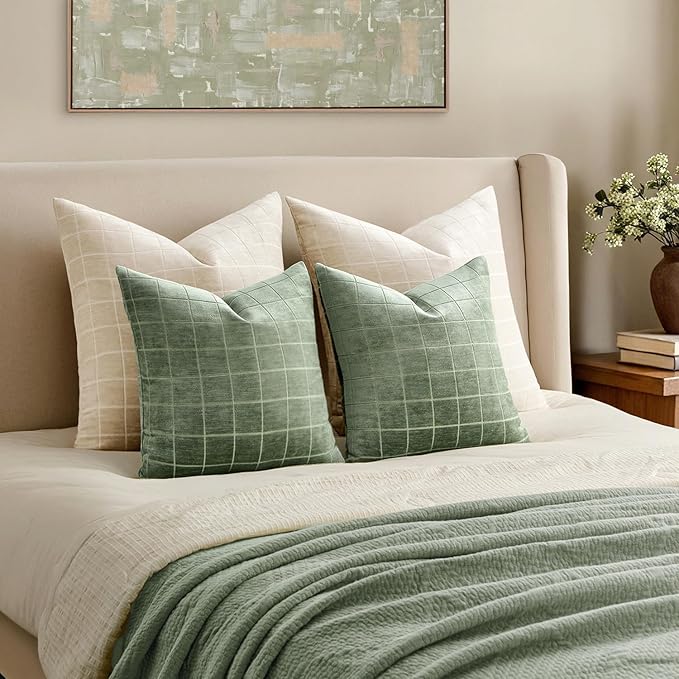 MIULEE Decorative Chenille Check Throw Pillow Covers Vintage Plaid Couch Pillows 18x18 Inch Set of 2 Neutral Boho Farmhouse Cushion Covers Modern Spring Home Decor for Sofa Bed Living Room Sage