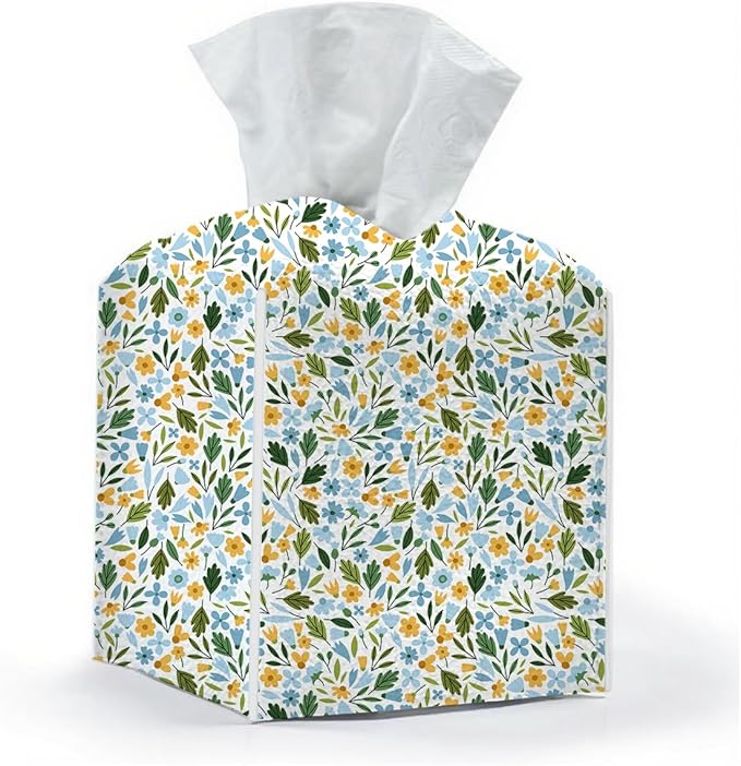 Tissue Box Cover, Tissue Box Holder, Square with Belt Bottom, PU Leather Decorative Organizer for Desk, Tabletop, Countertop Bathroom, Toilet Car, Office, Dresser Bedside, Aesthetic Plant Flower Decor