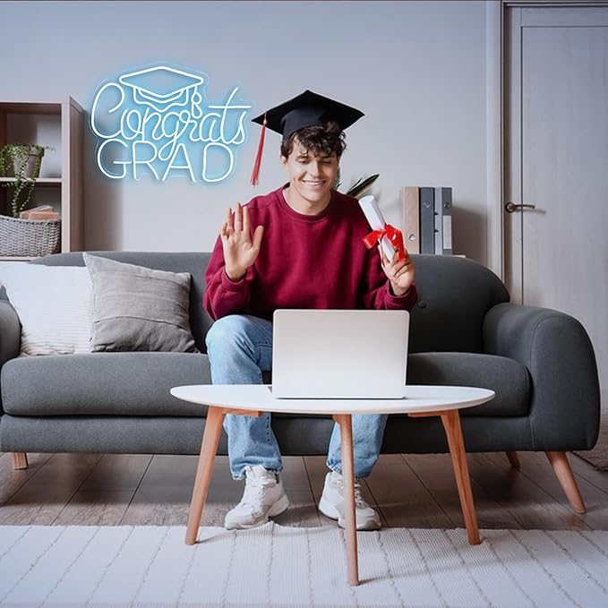 “Congrats Grad” Ice Blue Neon Sign – 16.5×12.6 in Unique Aqua-Tone LED Light for Med School & Engineering Grads, Dimmable with Wired Controller, Includes Wall Anchors – Class of 2026