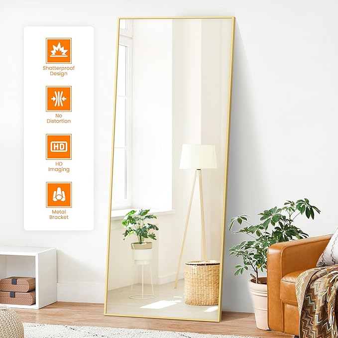 Full Length Standing Mirror, 70"x24" Gold Full Body Mirror with Aluminum Alloy Frame, Free Standing or Wall Mount for Bedroom, Living Room, Dressing Room