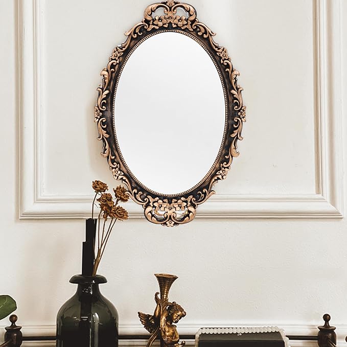 Vintage Decorative Gold Framed Mirror, Wall Hanging Mirrors & Tabletop Tray for Bedroom Living Room Dresser Decor, Oval- 9.6" W x 14.3" L (BRONZE-2PACK)