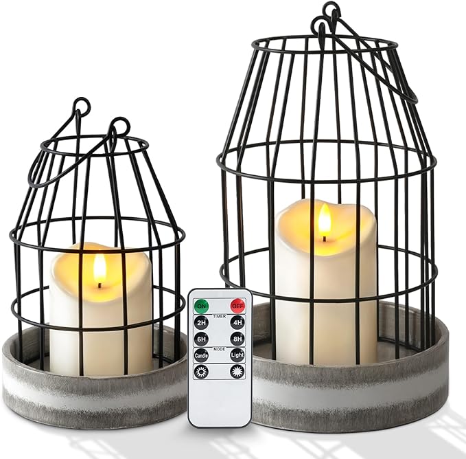 Homemory Rustic Farmhouse Lantern Decor with Flameless Candle & Remote Timer, 2PCS Stylish Metal Candle Holder Home Decorations for Fireplace Mantle Kitchen Dining Table Living Room