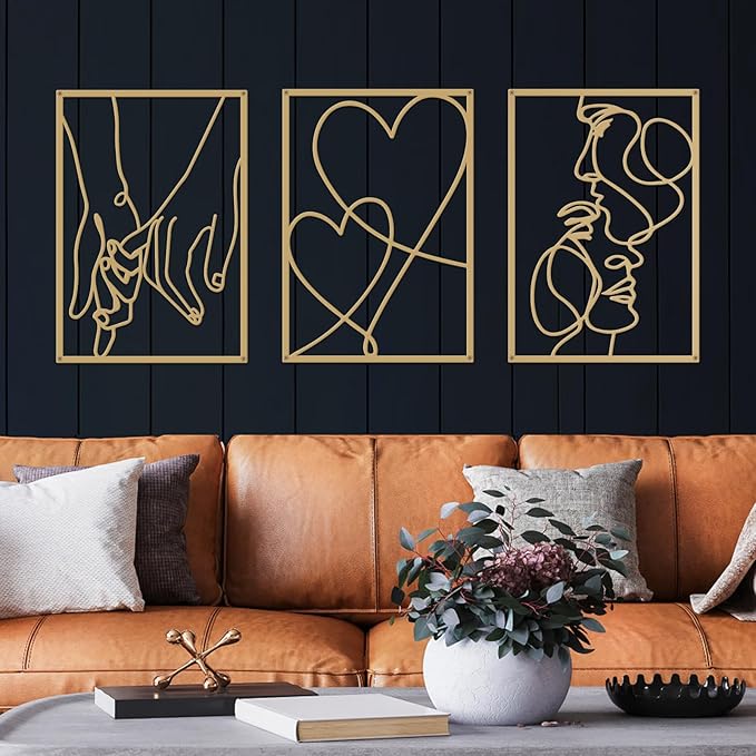 3 Pieces Metal Minimalist Line Wall Art, Valentine's Day Lover Kiss Hand Metal Wall Decor, Aesthetic Modern Home Hanging Wall Art Decor for Bedroom Bathroom Living Room (Gold)