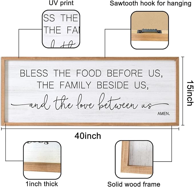 Bless the Food Before Us, the Family Beside Us, and the Love between us Framed Wall Art for Dining Room, 40''×15'' Rustic Holy Positive Religious Bible Verse for Christian God Jesus Christ Prayer