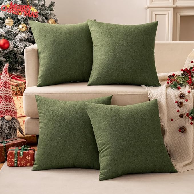 MIULEE Pack of 2 Decorative Outdoor Solid Waterproof Throw Pillow Covers Faux Linen Garden Farmhouse Cushion Cases for Patio Tent Balcony Couch Sofa 20x12 Inch Dark Green