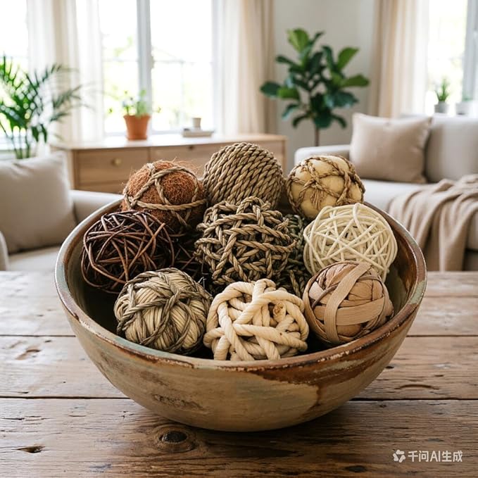 Kesywale 9pcs Rustic Decorative Balls for Centerpiece Bowls Vase Tray Fillers, 2.8 inch Assorted Wicker Rattan Balls Green Moss Orbs Spheres Home Table Decor (A)