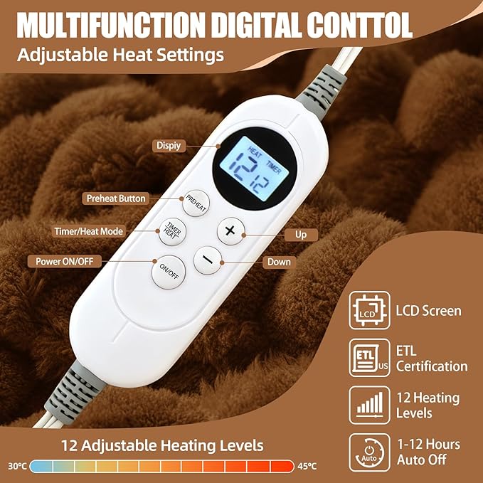Heated Blanket Electric Blanket Heating, Dual Control Soft Ribbed Faux Fur Electric Blanket with 12 Heat Levels 12H Timer ETL FCC Certified Machine Washable (Camel, King Size - 90" x 100")