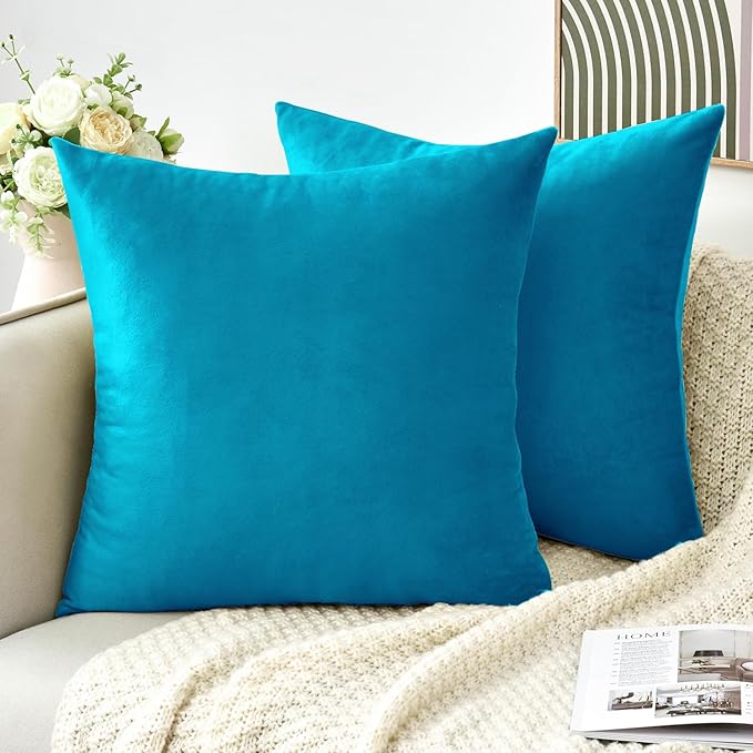 Throw Pillow Covers Decorative Velvet Set of 2 18x18 Inch Pillow Covers, Soft Teal Pillowcases for Couch Sofa Bed Living Room, Farmhouse Home Boho Decor, Square Accent Cushion Covers