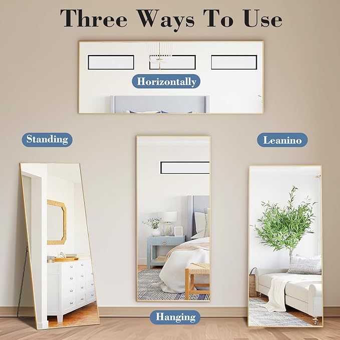 Mirror Full Length, Upgraded Body Wall Mirrors with Shatter-Proof Glass, Floor Standing, Hanging or Leaning, Tall Mirror with Stand Aluminum Alloy Frame for Bedroom