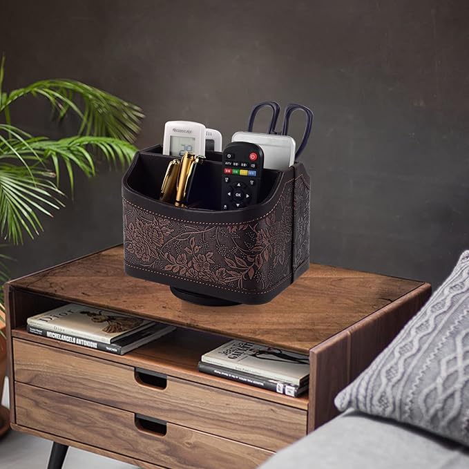Antique Leather Remote Control Holder 360 Degree Spinning,Desk Rotating Organizer/Caddy for TV Remote Controllers,Pen,Calculator Media Player,DVD,Office Supplies,Mobile Phone Storage Box (Retro)