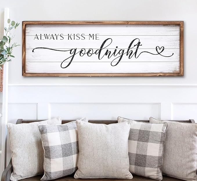Large Above Bed Wall Decor Bedroom Sign Bedroom Decor with Solid Wood Frame for Couples, Always Kiss Me Goodnight Sign for Bedroom, Love Theme Wall Decor 42''×15''