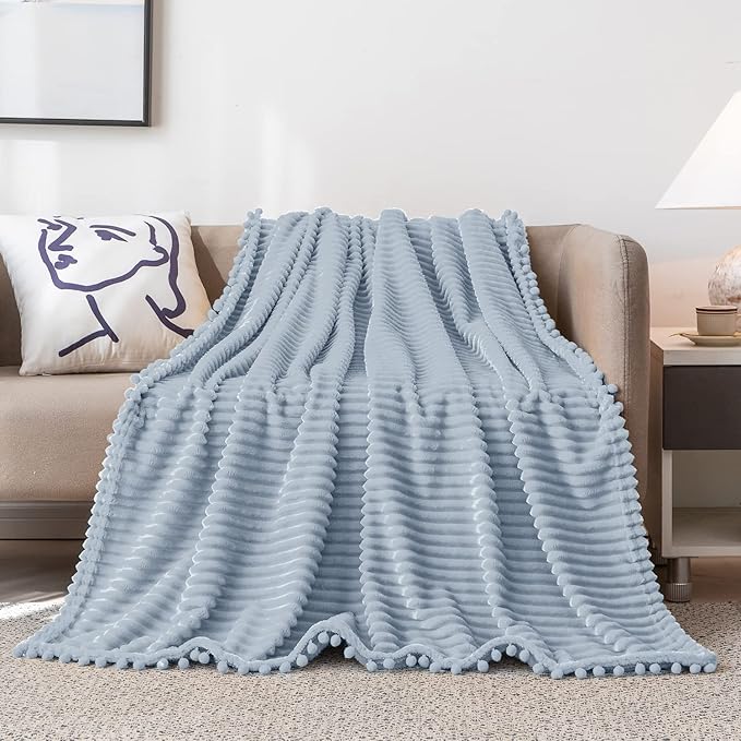 DISSA Fleece Blanket Queen Size – 71x80, Grey – Soft, Plush, Fluffy, Fuzzy, Warm, Cozy – Perfect Throw for Couch, Bed, Sofa - with Pompom Fringe - Flannel Blanket