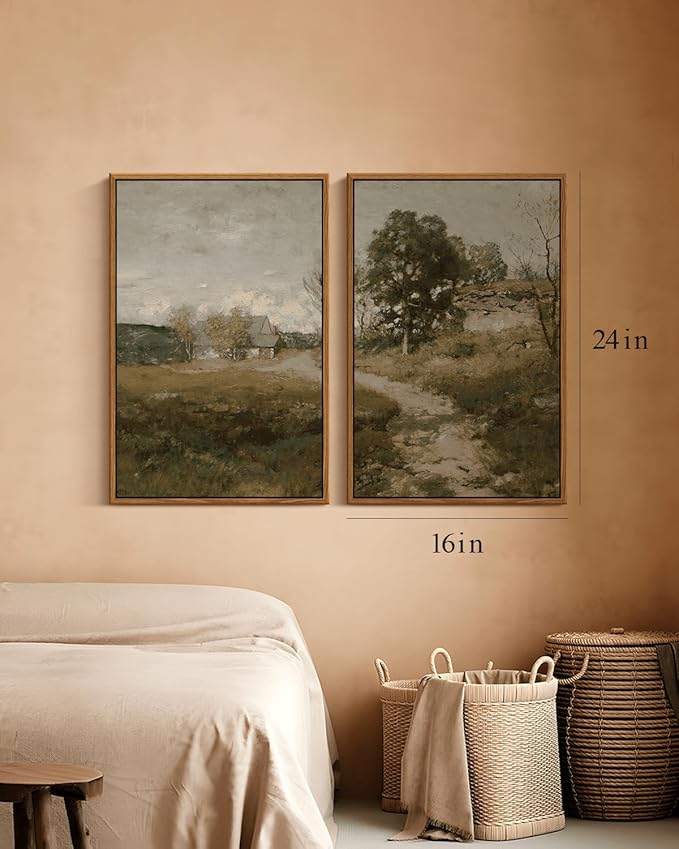 InSimSea 2 Pcs Framed Wall Art Vintage Farmhouse Decor, Country Road Paintings Above Bed Wall Decor, Canvas Prints, Rustic Scenery Pictures for Living Room,Bedroom,Office, 16"x24", set of 2
