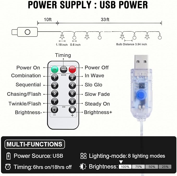 JMEXSUSS 100 LED Globe Star String Lights, 33 FT Globe String Lights Indoor USB Plug in, Warm White Star Fairy Lights for Bedroom Classroom Indoor Decor