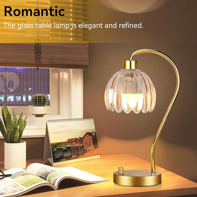 Small Table Lamp Set of 2,Gold Bedside Lamps Dimmable Boho Bedroom Lamp with Glass Tulip Flower Amber Lamp Shade,Vintage Mid Century Modern Mini Nightstand Lamp for Bedroom Living Room