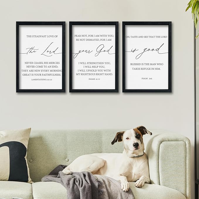 Bible Verses Christian Wall Decor Art The Lord Your God Is Good 16"x11" Set of 3 Scripture Bedroom Above Bed Sign Religious Rustic Home Office Living Room Wall Hanging (Black)