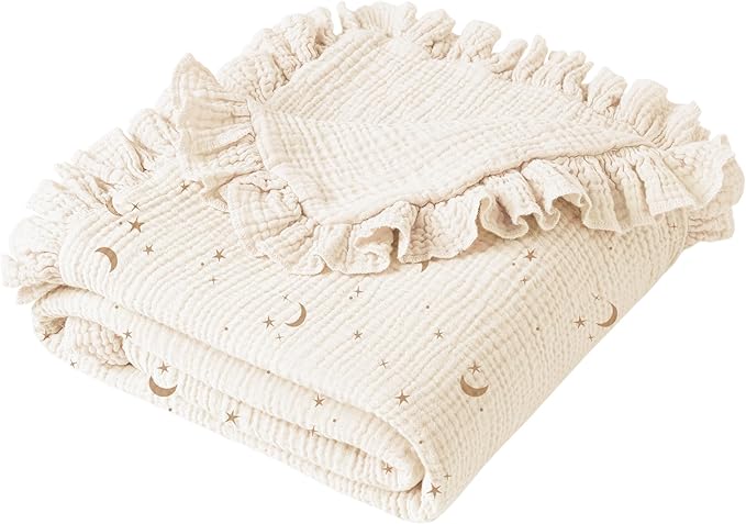 Konssy Flounce Muslin Baby Blanket for Girls Boys, 100% Cotton Soft Crib Swaddle Blankets, Reversible & Breathable Nursery Bedding for Newborns Toddlers, 40 x 36 Inches (Moon)